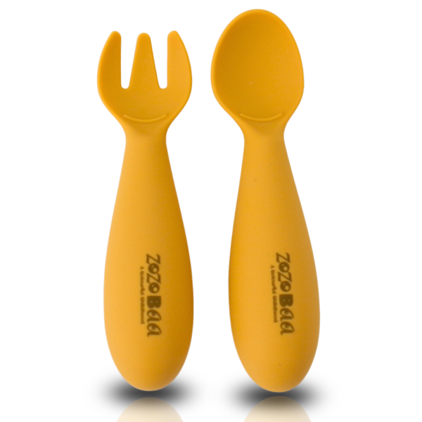 Spoon & Fork Set, Chewable Silicone Utensils for Training Infants, Baby Led Self Feeding, 6 M+