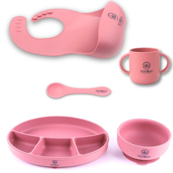 Feeding Set Including Baby Bib,Long Spoon,Open Handle Cup, Suction Base Oval Plate & Bowl for Toddler
