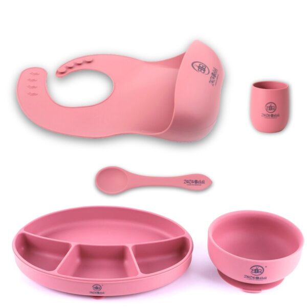 Feeding Set Including Baby Bib, Long Spoon, Tiny Open Cup, Suction Base Oval Plate & Bowl for Toddler
