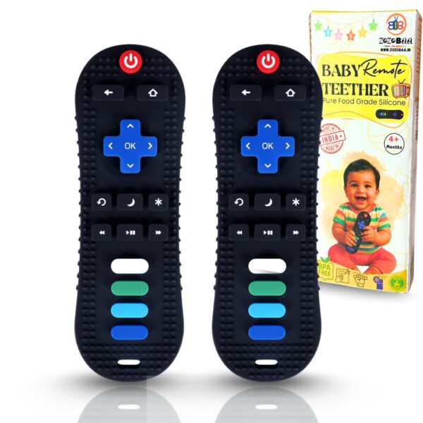 TV Remote Silicone Teether for Babies, Teething Toys for Babies, (Black and Blue) Pack of 2